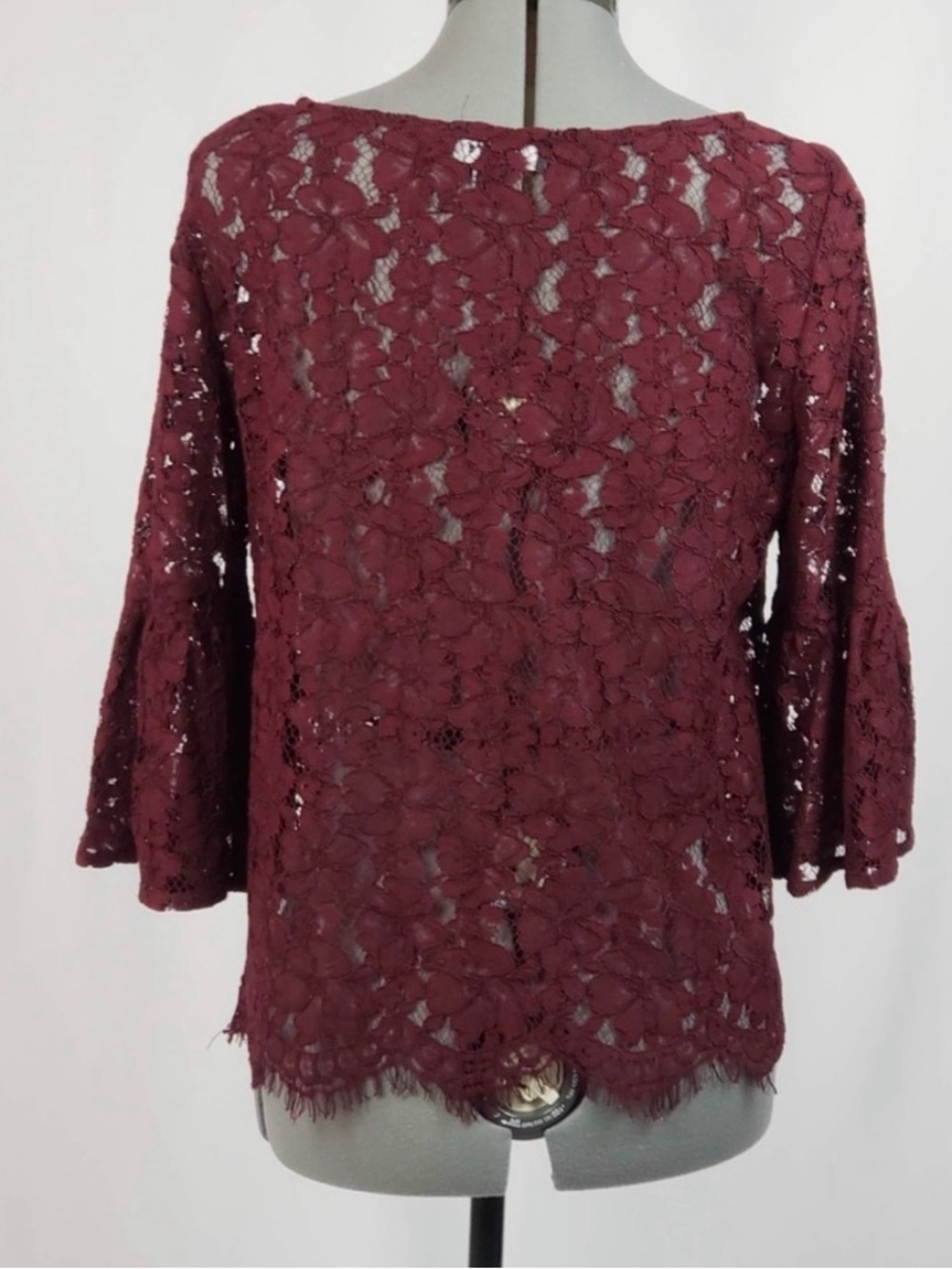 Karen Kane Burgundy Lace with Floral Embroidery Embellished Bell Sleeve Lace Top - Picture 3 of 16